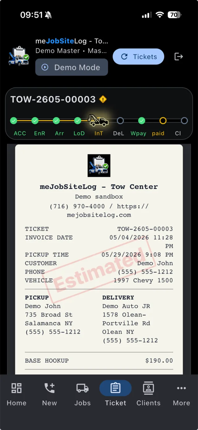 Tow Truck Center mobile phone screenshot 1: Invoice and receipt preview from the field.