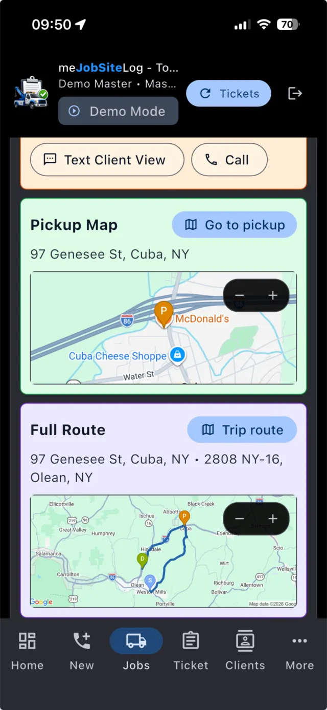 Tow Truck Center mobile phone screenshot 2: Pickup map and full trip route.