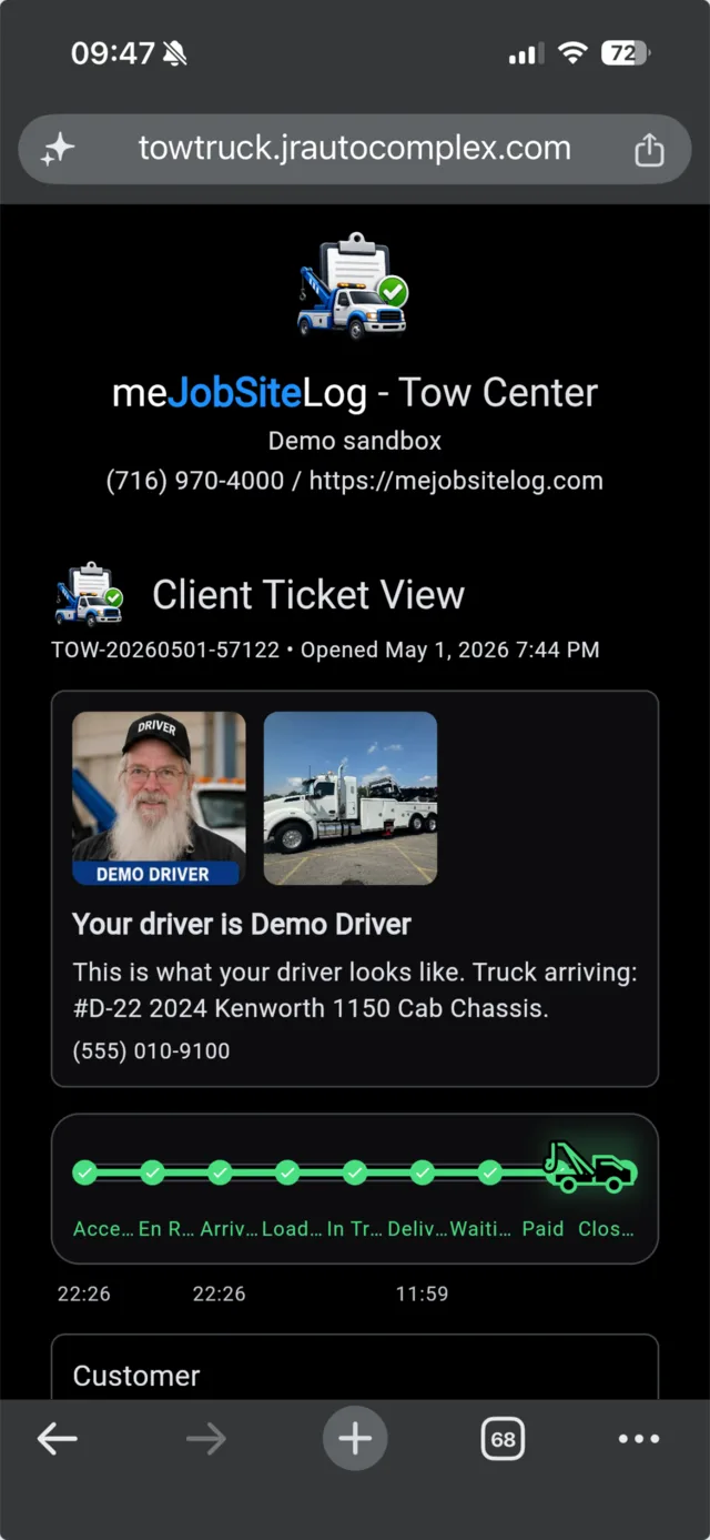 Tow Truck Center mobile phone screenshot 6: Compact client ticket status view.