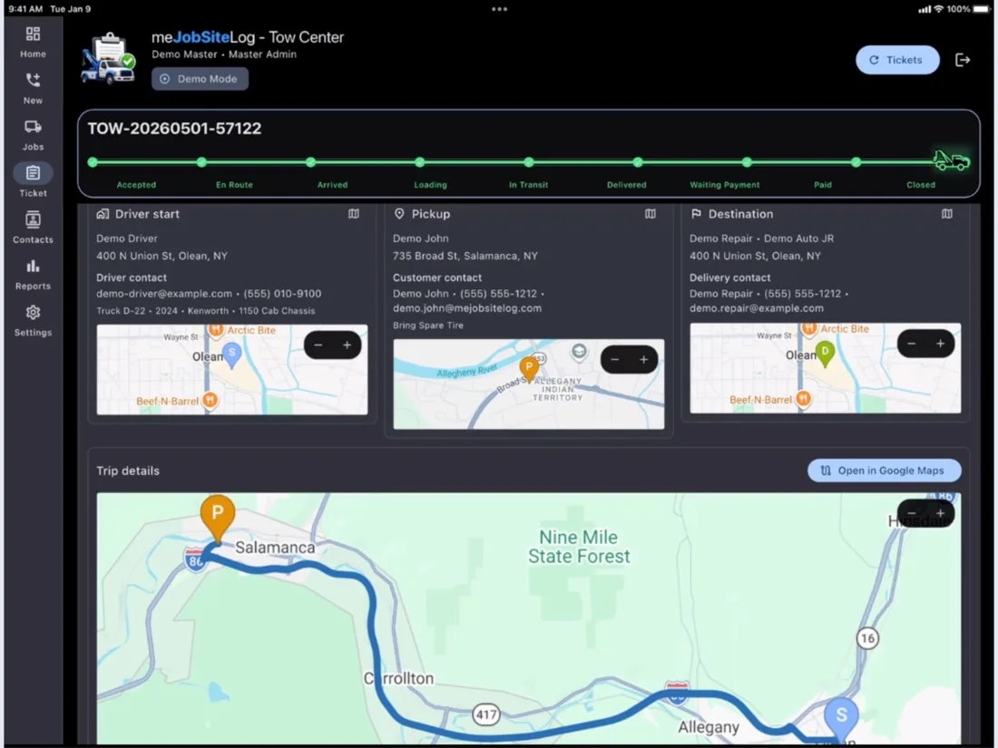 Tow Truck Center tablet screenshot 1: Driver job view with route and maps.