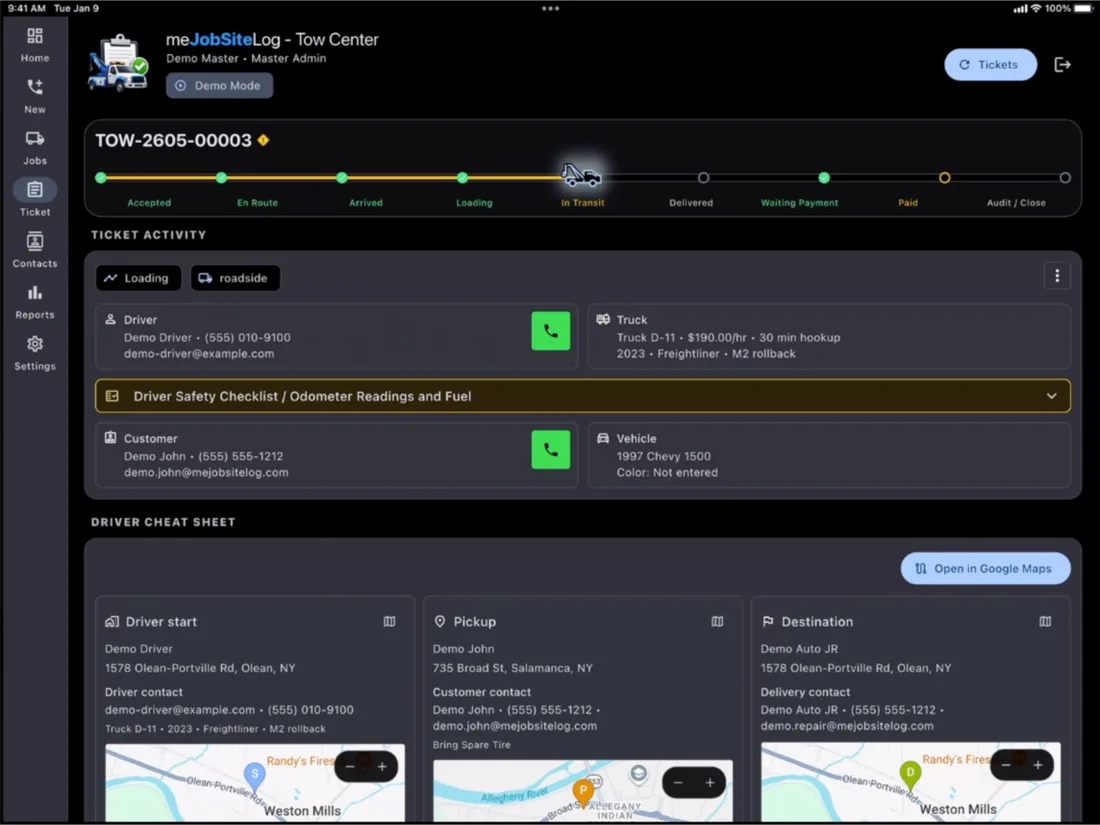 Tow Truck Center tablet screenshot 3: Ticket activity with route cards.