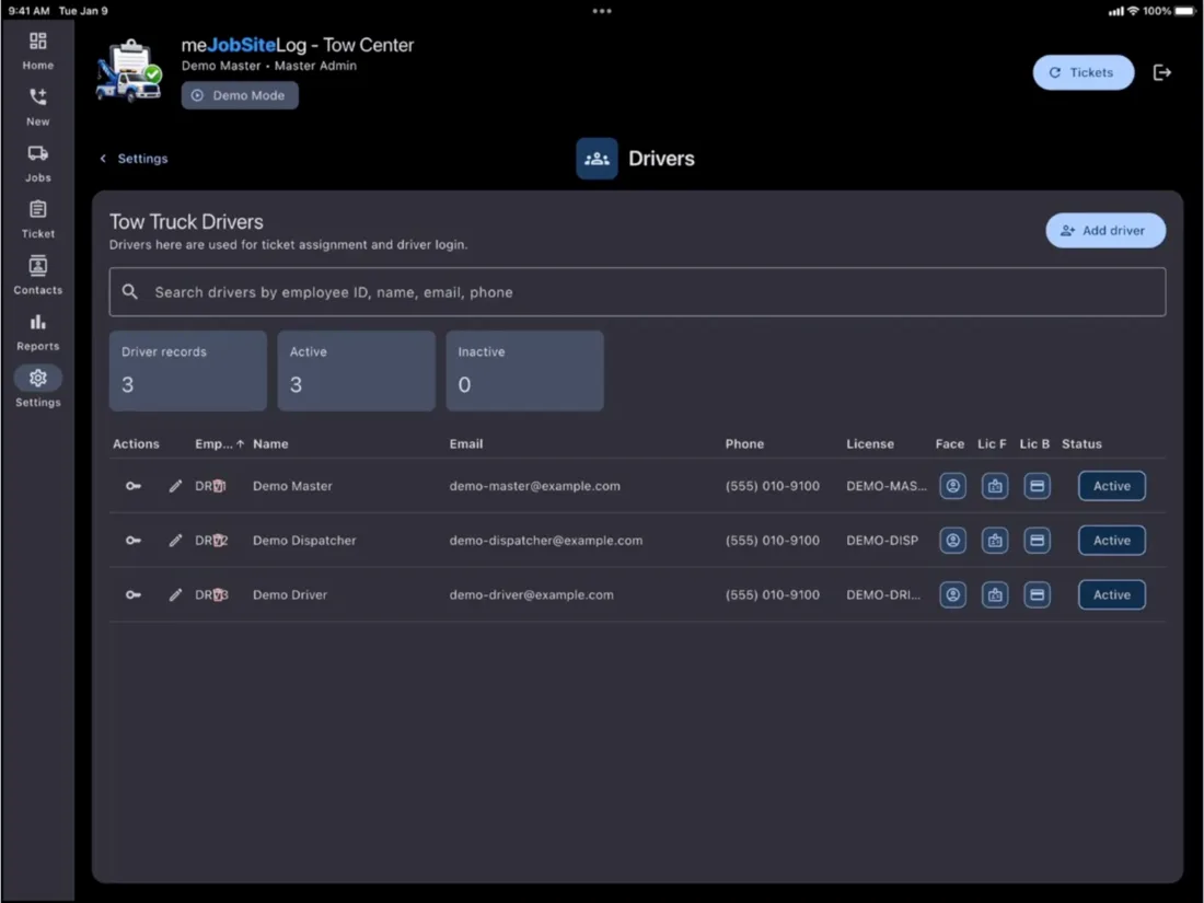Tow Truck Center tablet screenshot 4: Customer/contact table management.