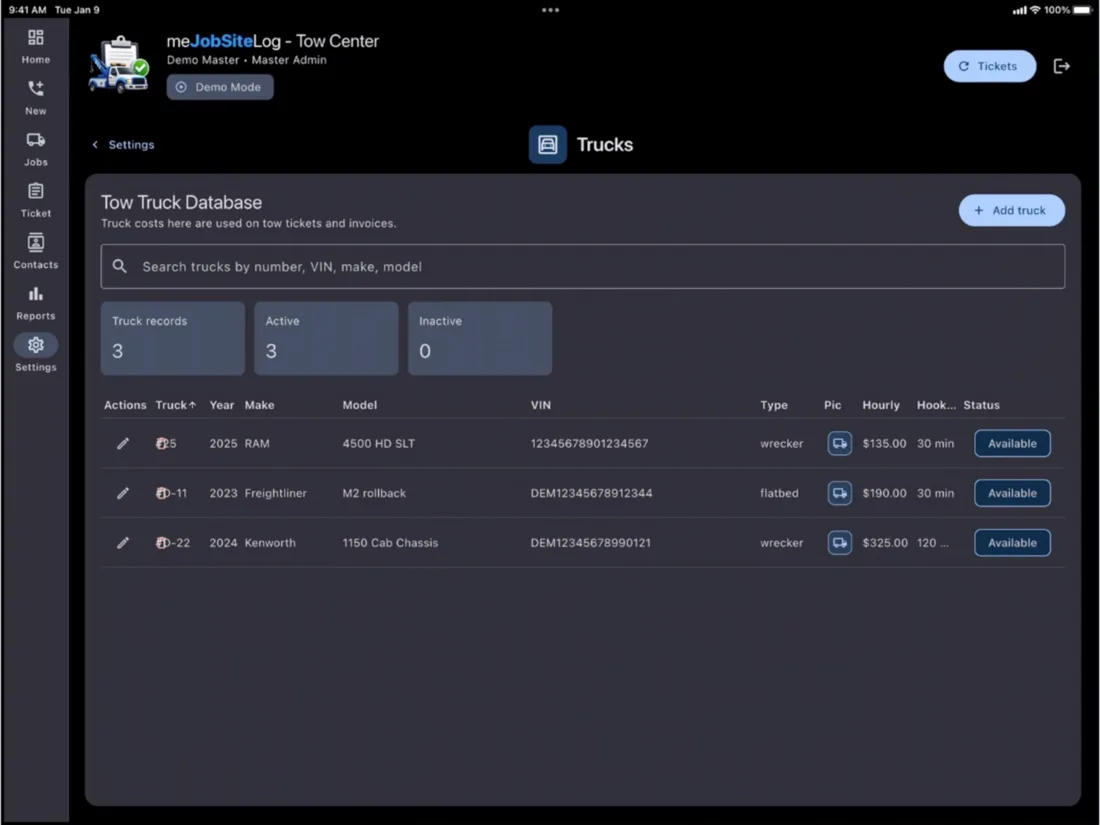 Tow Truck Center tablet screenshot 5: Tow document records.
