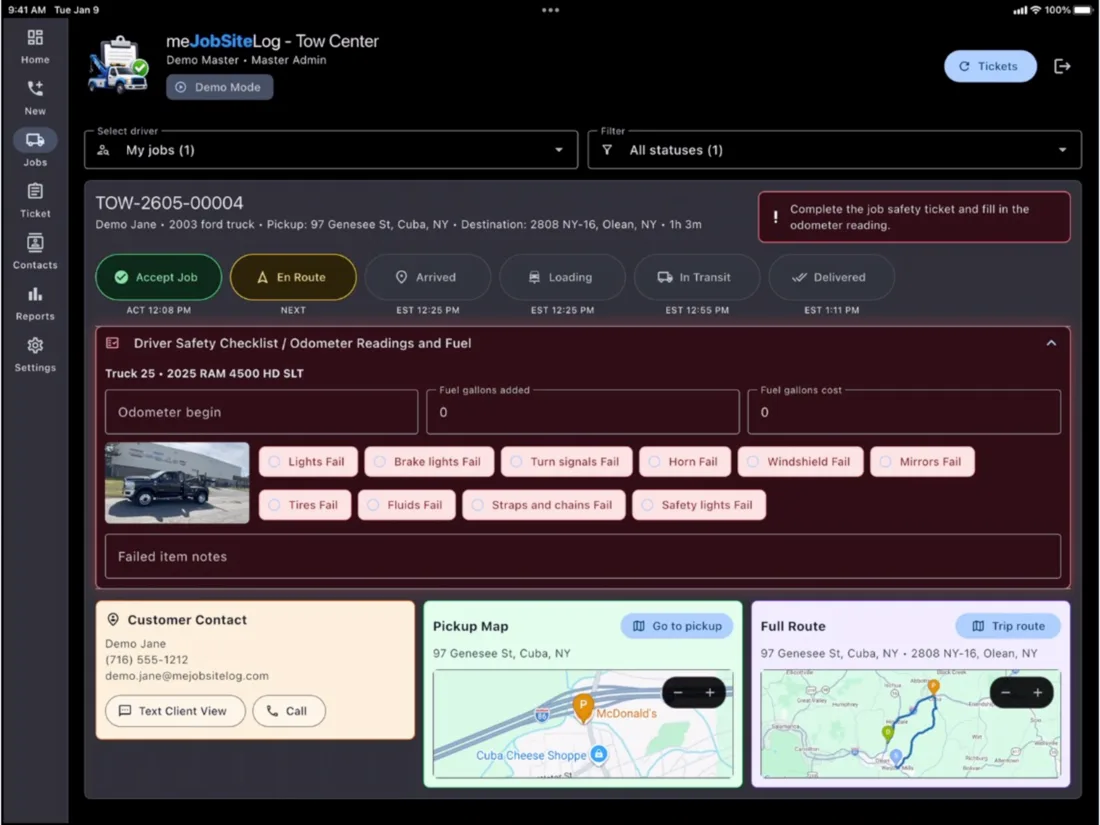 Tow Truck Center tablet screenshot 7: Issue/delay workflow and safety review.