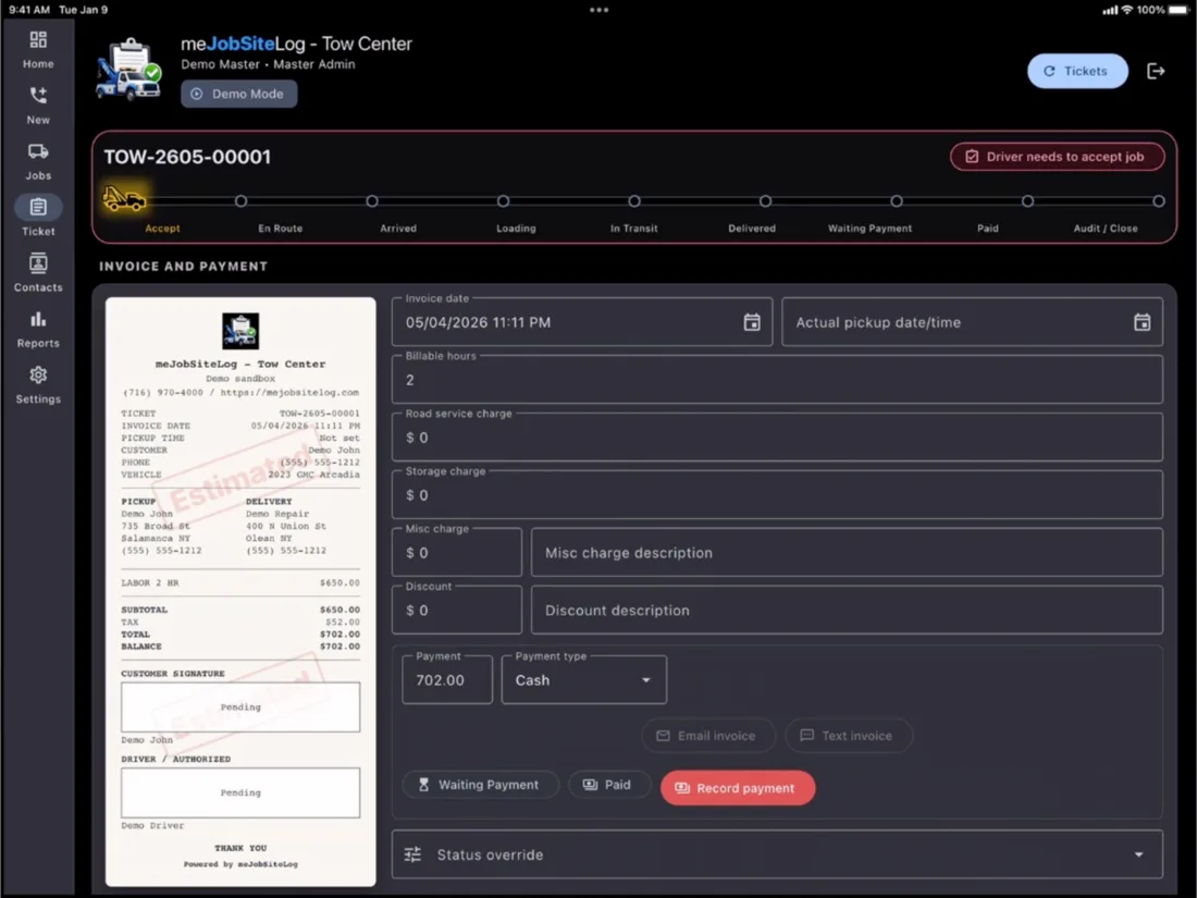 Tow Truck Center tablet screenshot 8: Invoice/payment detail with receipt preview.