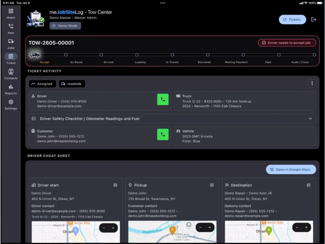 Tow Truck Center tablet screenshot 9: Active ticket detail with maps and activity.